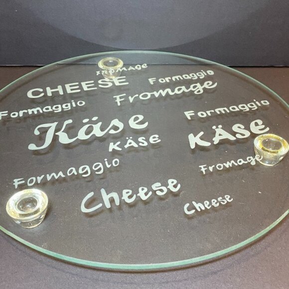 Large Clear Glass Cheese Platter Words Fromage Formaggio Käse - Picture 2 of 3